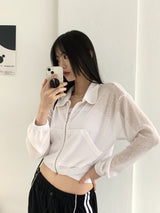 ピロウビーチウェアシースルーリネンニット長袖ジップアップ / Pillow Beachwear See-through Linen Knit Long Sleeve Zip-up