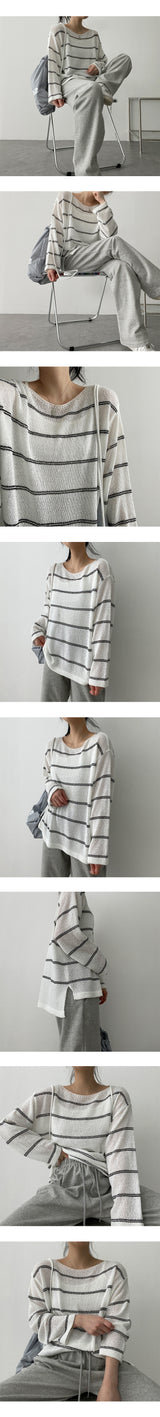リンプルストライプブックルサマーロングスリーブニットウェア / Linple Stripe Bookle Summer Long-Sleeved Knitwear