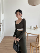 ボタンレイヤードクロップTシャツ/Button Layered Crop T-shirt (3color)