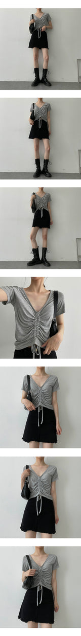 ロールノーズリングプリーツシャーリング半袖Tシャツ / Roll nose ring pleated shirring short sleeve T-shirt