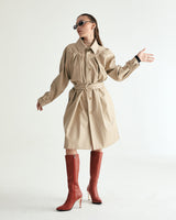 W.BELTED LEATHER SHIRRING COAT - CREAM BEIGE (6636057985142)