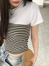 ジーストライプシャーリングチューブトップセットオールインワンクロップ半袖Tシャツ