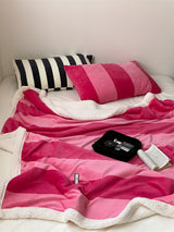 Retro stripe microfiber lamb fleece blanket - 150x200cm - Pink
