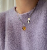 ハートフラワービーズヒップメイドネックレス / ely Yellow Orange Heart Flower Beads Hip Handmade Necklace