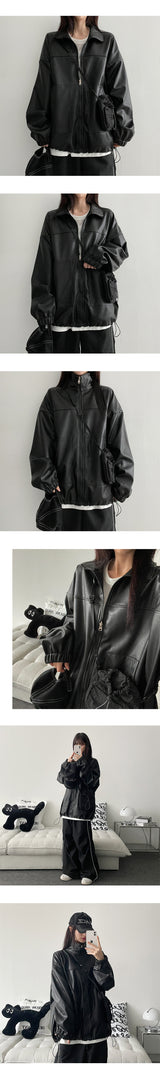 Lueing Box Fit String Leather Jumper Jacket