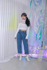 ジッパーショルダーメッシュクロップTシャツ/TOP(8304) Zipper Shoulder Mesh Crop Tee
