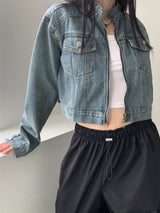 ピーバーツノーカラツーウェイジップクロップドデニムジャケット / Peeverts no-collar two-way zip cropped denim jacket