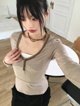 Zenki Vintage Button Ribbed Slim V-Neck T-Shirt