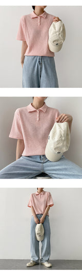 アップルVネックカラーニットウェアショートスリーブT / Apple V-Neck Collar Knitwear Short Sleeve Tee