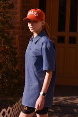 ベースボール刺繍ユニセックス半袖シャツ / Baseball Grand Embroidery Short-Sleeved Unisex Denim Shirt