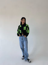 グリーンチェックニットジップアップ/green check knit zip-up