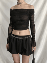メッシュシャーリングシースルーオフショルダーブラウス