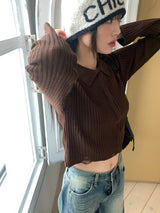 Tuma damage snap button collar knit cardigan