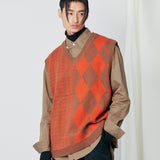 チェックニットベスト / Argyle & hound check knit vest orange