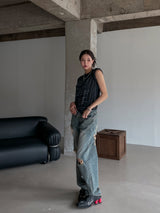 (UNISEX) ダメージチェッカーワイド デニム