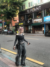 ユニークカッティングライングランジワイドデニムパンツ