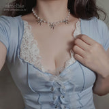[IVE Rei Necklace] Three Ribbons Pearl Choker Necklace - Silver Color