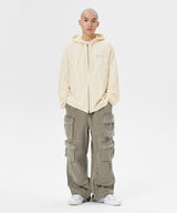 ダガーメッシュフードジップアップニット