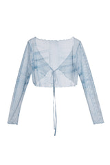 デニムプリントシースルーカーディガン / DENIM PRINTED SEE-THROUGH CARDIGAN (BLUE)