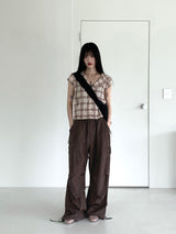 テユストリングシャーリングリネンチェックフードシャツカミス / Teyu String Shirring Linen Check Hooded Shirt Camis