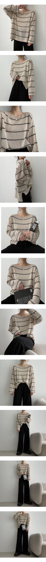リンプルストライプブックルサマーロングスリーブニットウェア / Linple Stripe Bookle Summer Long-Sleeved Knitwear