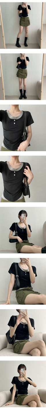 レミススパンデックスラウンドボタンスリーブTシャツ / Remiss Spandex Round Button Short-Sleeved T-Shirt