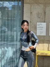Denim see-through long sleeve top