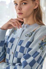 chess flower Jacquard 100%wool cardigan_new denim (6655892684918)