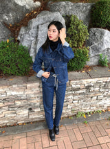 SEMI-WIDE FIT STRING POINT DARK DENIM PANTS [17708]