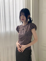 ペレシースルーフラワーパフショートスリーブTシャツ