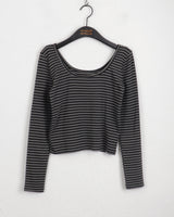 Gtel Vintage Striped Deep U-Neck Long Sleeve T-Shirt