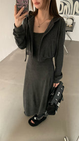 Charcoal hooded zip-up one-piece set