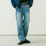 STRAIGHT DOUBLE KNEE WASHED DENIM PANTS BLUE