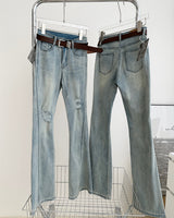 Belted light blue bootcut denim pants