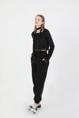 Square Neck Fur Knit T-shirt Muffler Set Black
