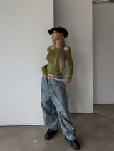 (UNISEX) ピーナッツラインワイドデニムパンツ