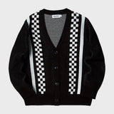 CHECKERBOARD JACQUARD CARDIGAN (BLACK) (6627480469622)