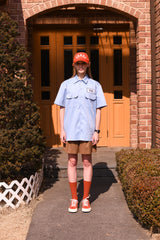 ドントウォーリーハンバーガーユニセックス半袖ワークシャツ / Dont Worry Hamburger Short-Sleeved Unisex Work Shirt