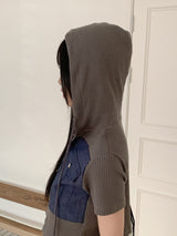 S-ヤングワッフルデニムカラーリングツーウェイクロップ半袖ジップアップ/S-young waffle denim coloring two-way crop short-sleeved zip-up
