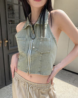ヘンタ Y2K ホルターネックカラーツーウェイデニムクロップドベストジップアップ / Henta Y2K Halterneck Collar Two-Way Denim Cropped Vest Zip-Up