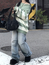 Off-shoulder Oversized Fit Stripe Knitwear