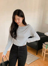 Drape Off Shoulder Long Sleeve T-shirt (5color)