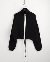 LB wool color combination ribbed string knit zip-up
