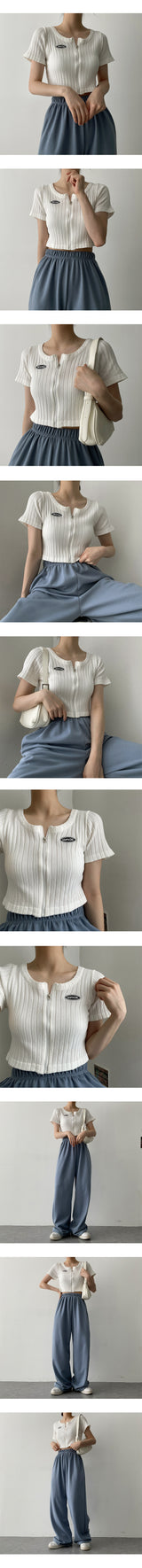 ピーチリブドエンブロイダリーラウンドショートクロップドジップアップ / Peach's Ribbed Embroidery Round Short-Sleeved Cropped Zip-up