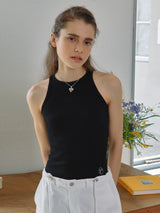 RIBBED HALTER NECK SLEEVELESS BLACK