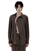 UNBALANCED BUTTON STRAP SHIRT (BROWN) (6654717001846)