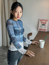 Denim see-through long sleeve top