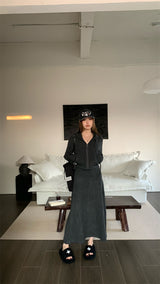 Charcoal hooded zip-up one-piece set