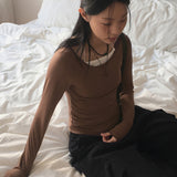 ポリンフリースベーシック無地レイヤードスリムUネック長袖Tシャツ