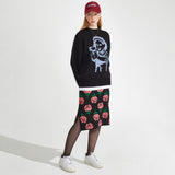 Rose pattern Knit Skirt [Black] (6610298896502)